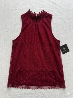 Fortune + Ivy Burgundy Lace Mock Neck Top